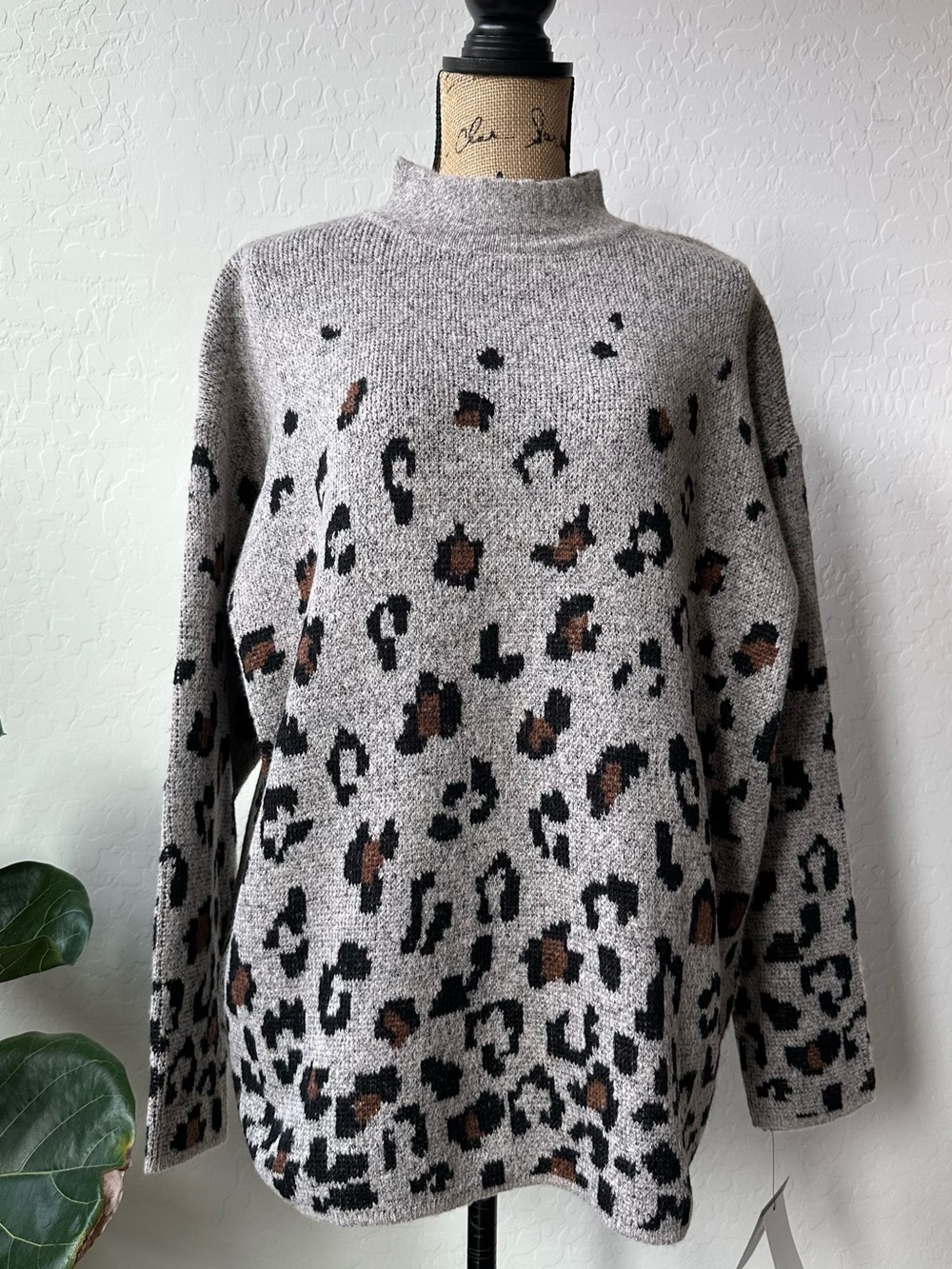 Cozy Animal Print Mock Neck Sweater - Gray/Brown